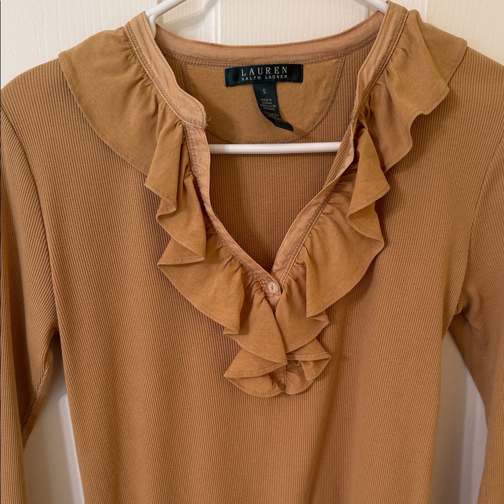 Lauren Ralph Lauren Ruffle V-Neck Long Sleeve Top in Mustard